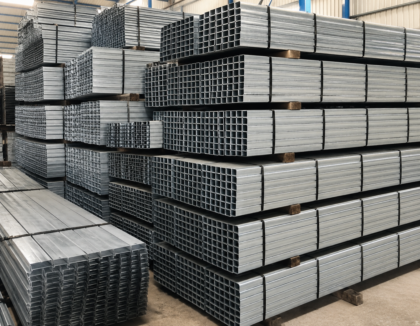 Bundled HDGI steel sections stacked in the GM Solar stockyard